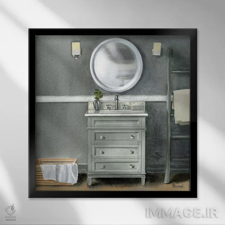 تابلو حمام خاکستری دودی ۲ اثر باناروت - نمای قابدار مشکی