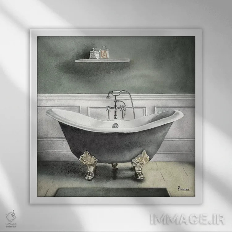 تابلو حمام خاکستری دودی ۱ اثر باناروت - نمای قابدار سفید