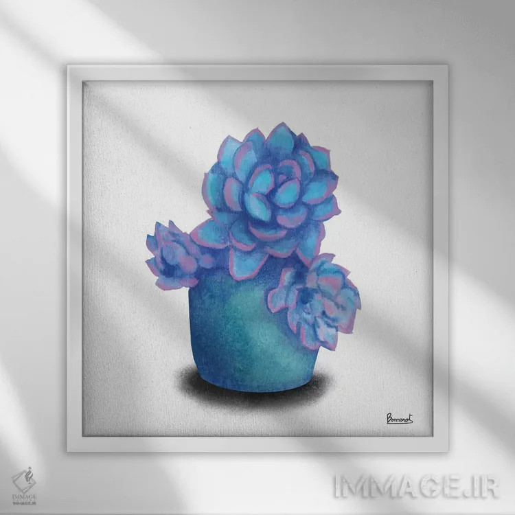 تابلو گیاهان گوشتی فیروزهای ۱ اثر باناروت - نمای قابدار سفید