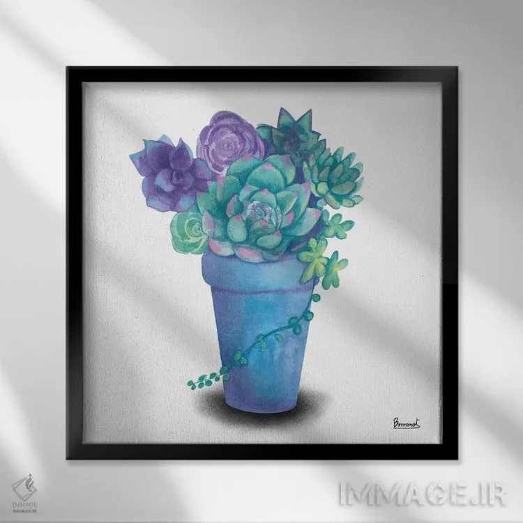 تابلو گیاهان گوشتی فیروزهای ۴ اثر باناروت - نمای قابدار مشکی