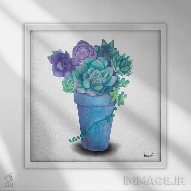 تابلو گیاهان گوشتی فیروزهای ۴ اثر باناروت - نمای قابدار سفید