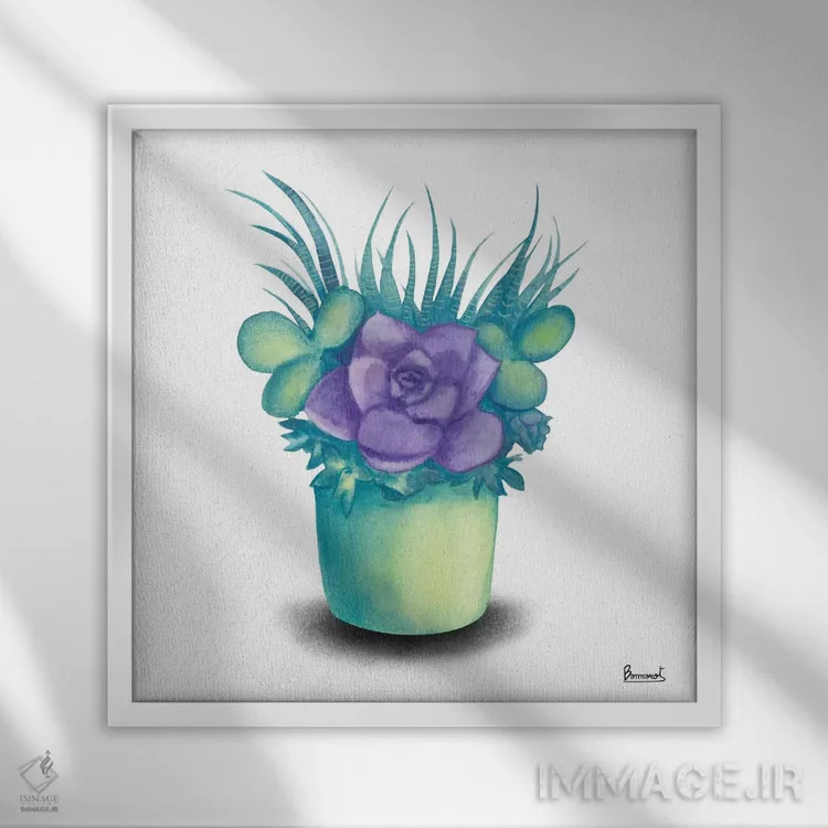 تابلو گیاهان گوشتی فیروزهای ۳ اثر باناروت - نمای قابدار سفید