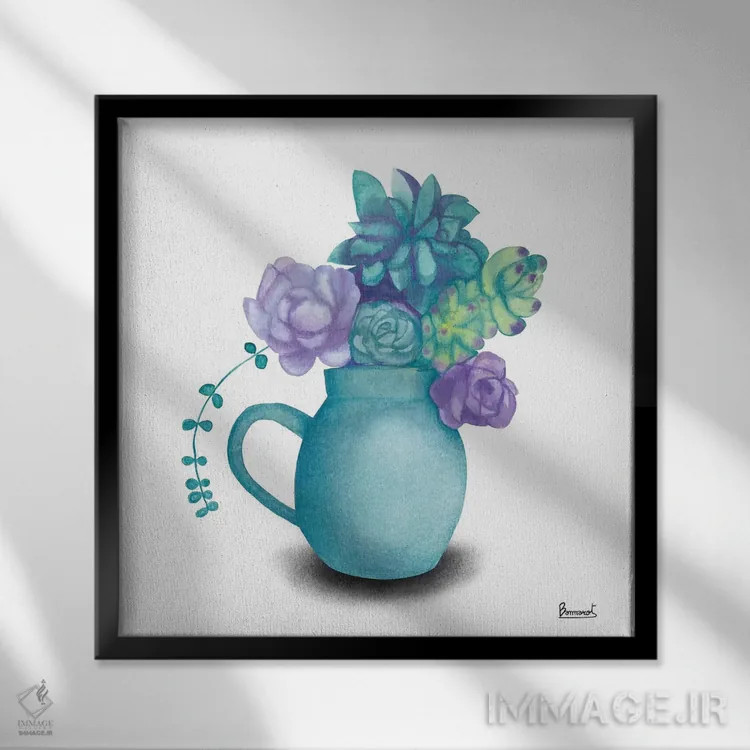 تابلو گیاهان گوشتی فیروزهای ۵ اثر باناروت - نمای قابدار مشکی