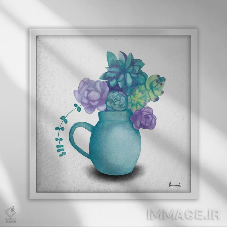 تابلو گیاهان گوشتی فیروزهای ۵ اثر باناروت - نمای قابدار سفید