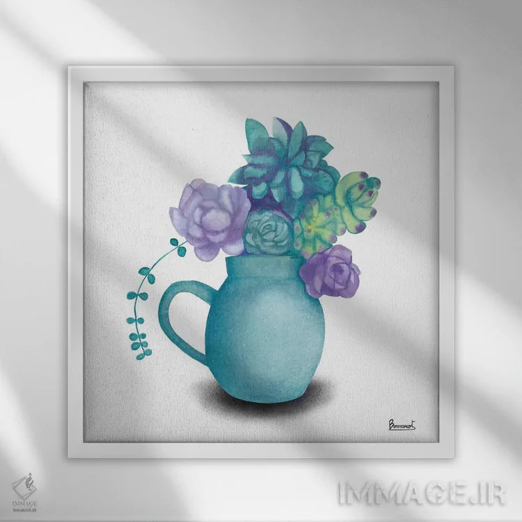 تابلو گیاهان گوشتی فیروزهای ۵ اثر باناروت - نمای قابدار سفید