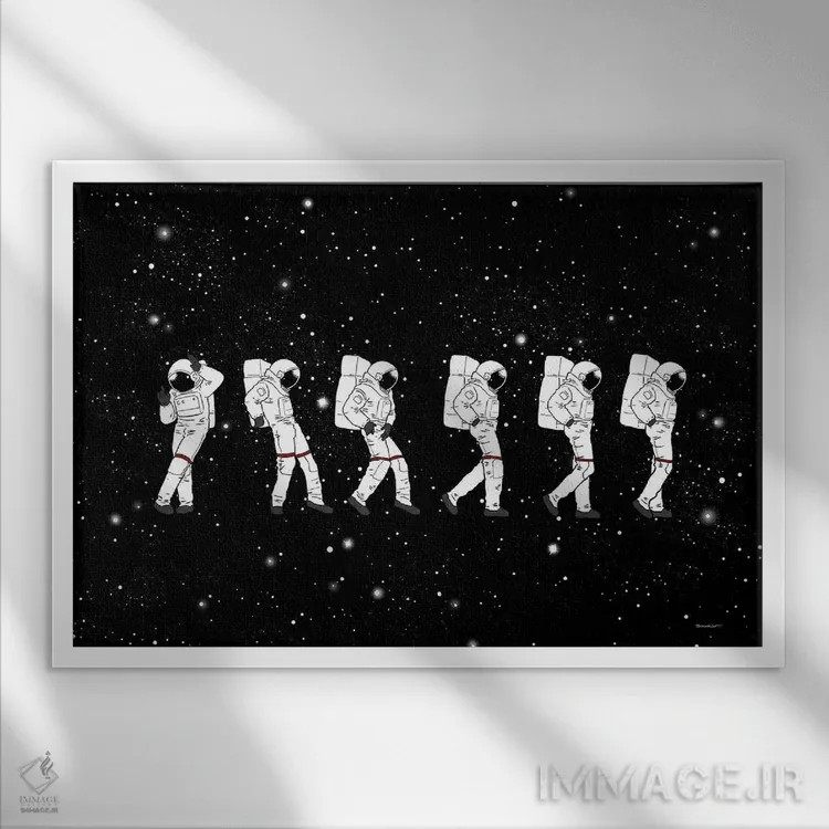تابلو فضانورد عاشق در قدم زدن روی ماه اثر بگ نوز ورک (استودیو) - نمای قابدار سفید