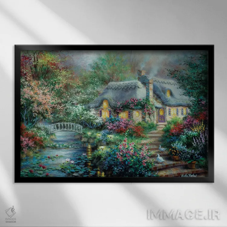 تابلو کلبه کنار رودخانه کوچک اثر نیکی بومه - نمای قابدار مشکی