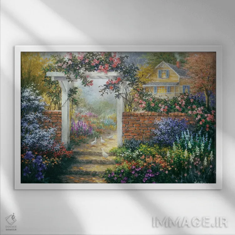 تابلو آلاچیق گل رز اثر نیکی بومه - نمای قابدار سفید