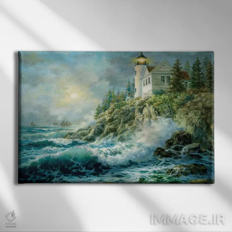 تابلو فانوس دریایی بس هاربر (آمریکا) اثر نیکی بومه - نمای روبهرو روی دیوار