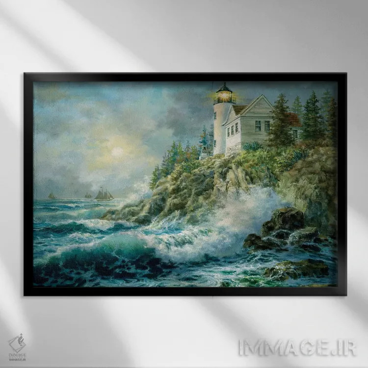 تابلو فانوس دریایی بس هاربر (آمریکا) اثر نیکی بومه - نمای قابدار مشکی