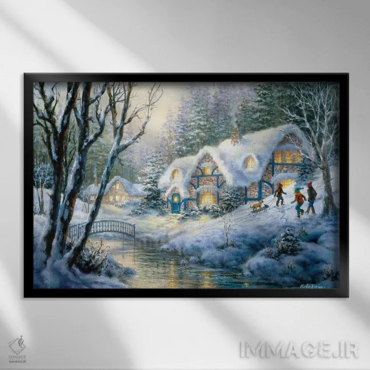 تابلو برفبازی زمستانی اثر نیکی بومه - نمای قابدار مشکی