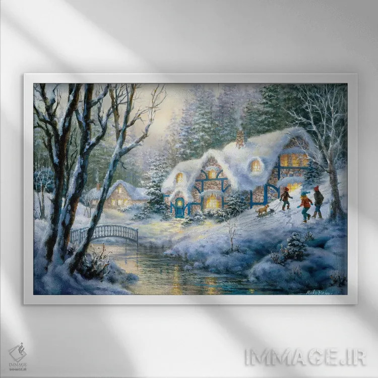 تابلو برفبازی زمستانی اثر نیکی بومه - نمای قابدار سفید