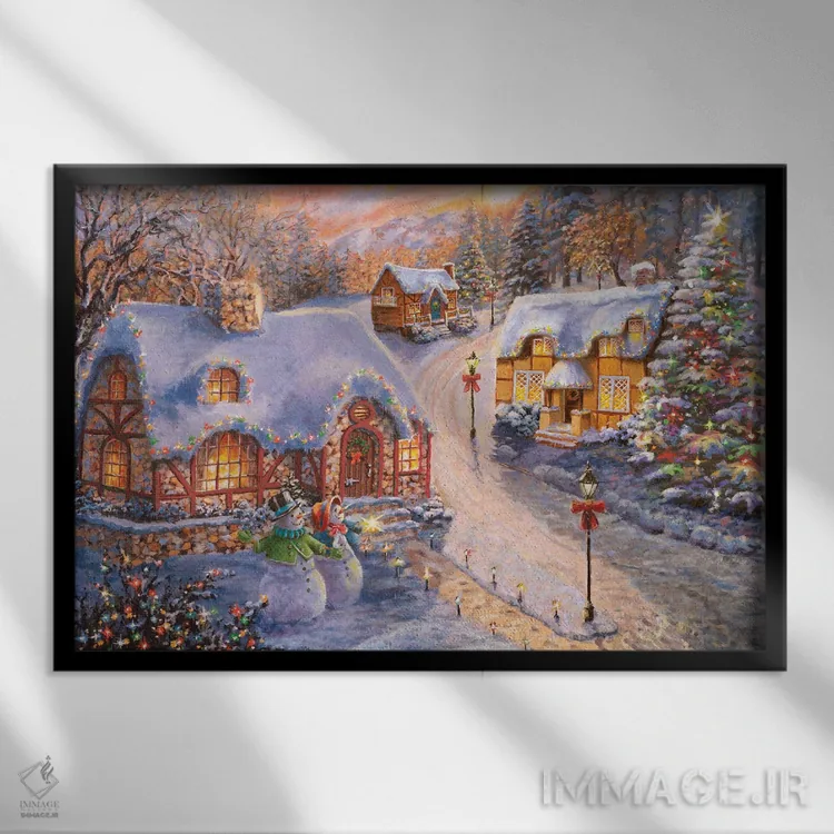 تابلو درخشش کلبهٔ زمستانی اثر نیکی بومه - نمای قابدار مشکی