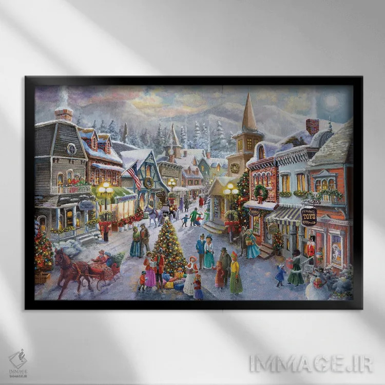 تابلو روستای کریسمس ویکتوریایی اثر نیکی بومه - نمای قابدار مشکی