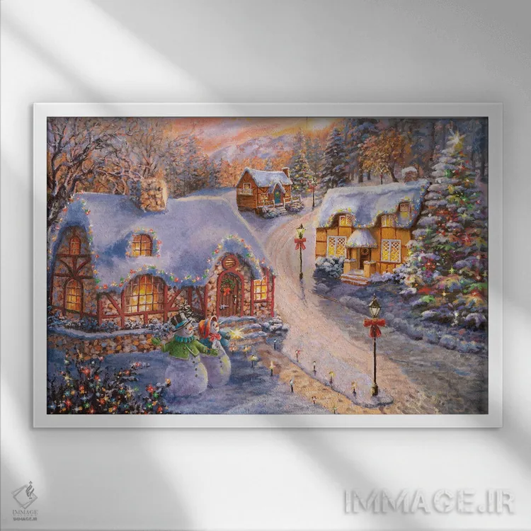 تابلو درخشش کلبهٔ زمستانی اثر نیکی بومه - نمای قابدار سفید