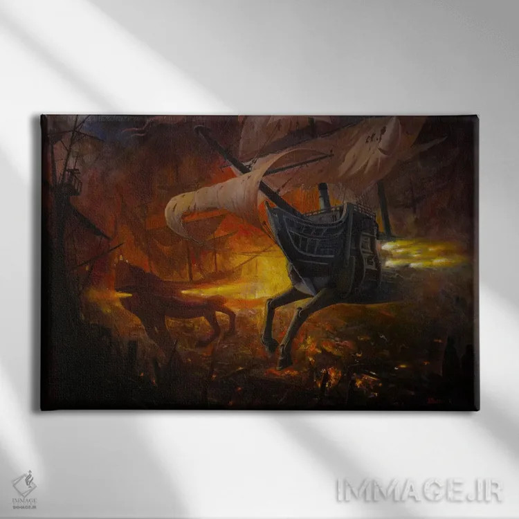 تابلو کشتیهای جنگی اسپانیایی در آتش اثر آدریان بوردَا - نمای روبهرو روی دیوار