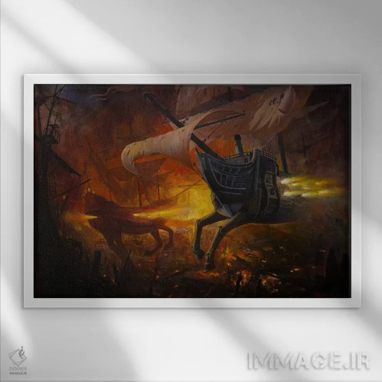 تابلو کشتیهای جنگی اسپانیایی در آتش اثر آدریان بوردَا - نمای قابدار سفید