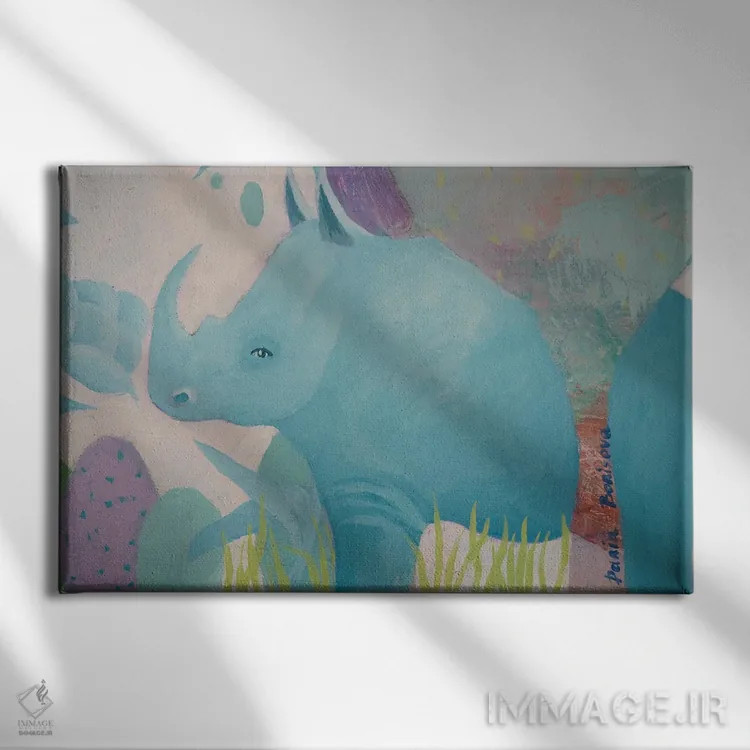 تابلو کرگدن آبی اثر داریا بوریسووا - نمای روبهرو روی دیوار