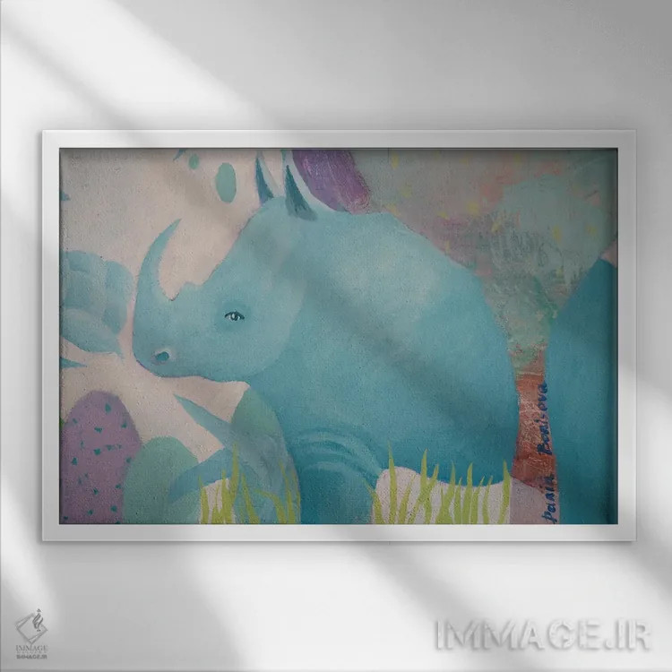 تابلو کرگدن آبی اثر داریا بوریسووا - نمای قابدار سفید