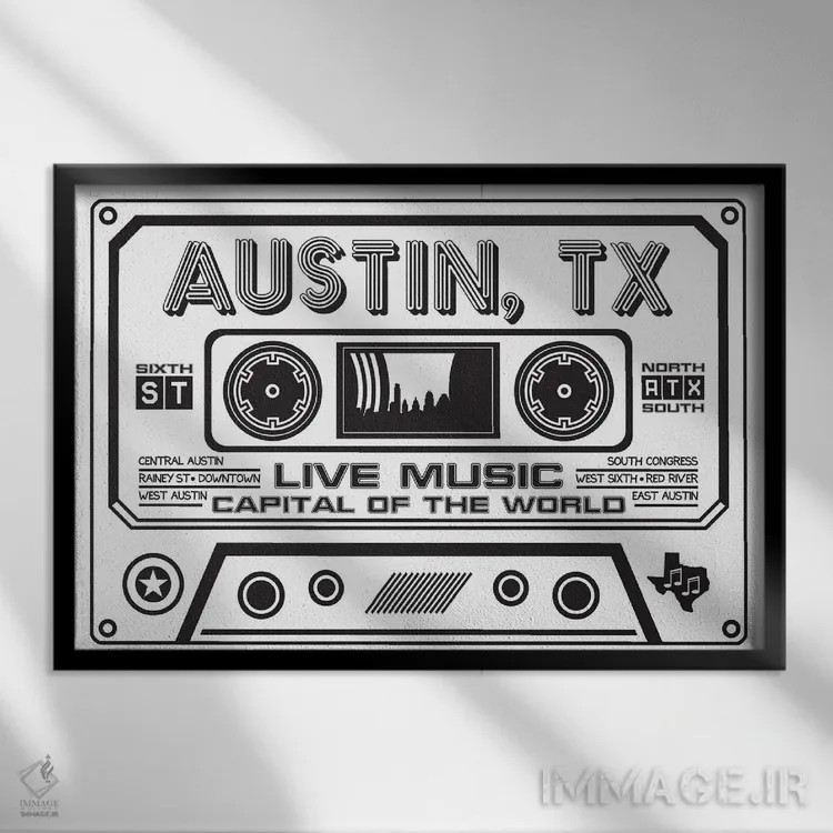 تابلو کاست آستین تگزاس اثر پرینتهای بنتون پارک (استودیو/گالری هنری) - نمای قابدار مشکی