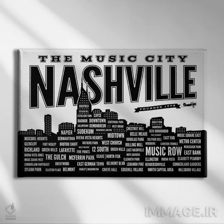 تابلو محلههای نشویل اثر پرینتهای بنتون پارک (استودیو/گالری هنری) - نمای روبهرو روی دیوار