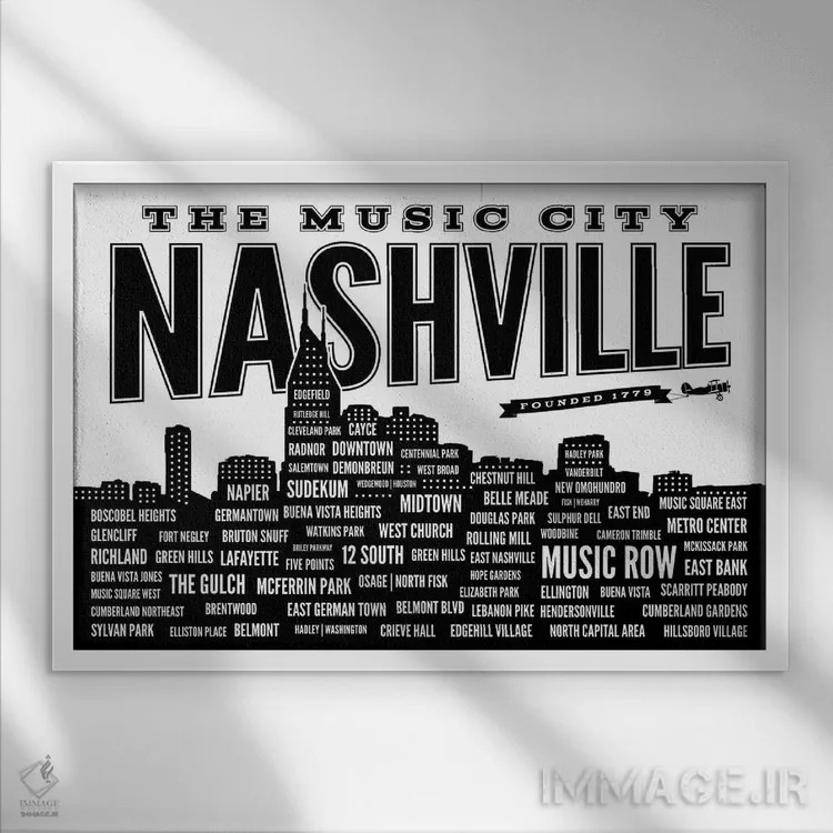 تابلو محلههای نشویل اثر پرینتهای بنتون پارک (استودیو/گالری هنری) - نمای قابدار سفید