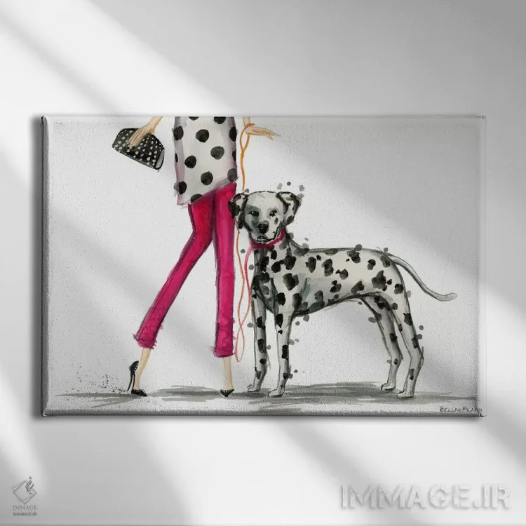 تابلو بهترین دوست دخترها، دارلا و سگ دالماتینش اثر بلا پیلار - نمای روبهرو روی دیوار