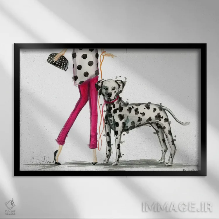 تابلو بهترین دوست دخترها، دارلا و سگ دالماتینش اثر بلا پیلار - نمای قابدار مشکی
