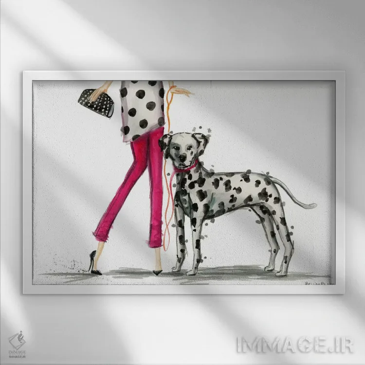 تابلو بهترین دوست دخترها، دارلا و سگ دالماتینش اثر بلا پیلار - نمای قابدار سفید