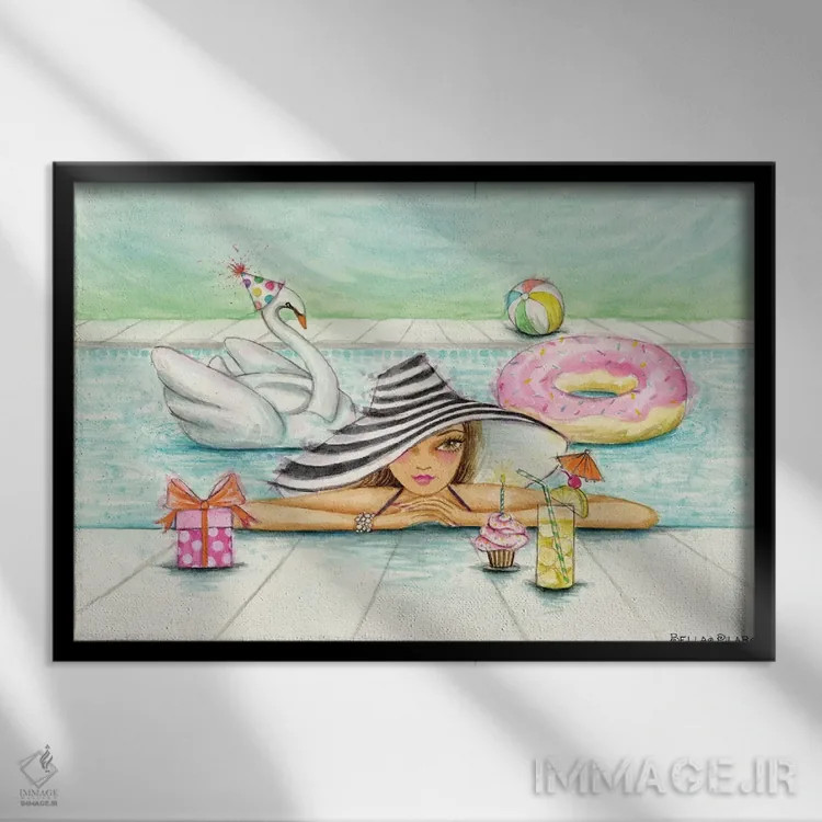 تابلو دلفین در مهمانی استخر اثر بلا پیلار - نمای قابدار مشکی