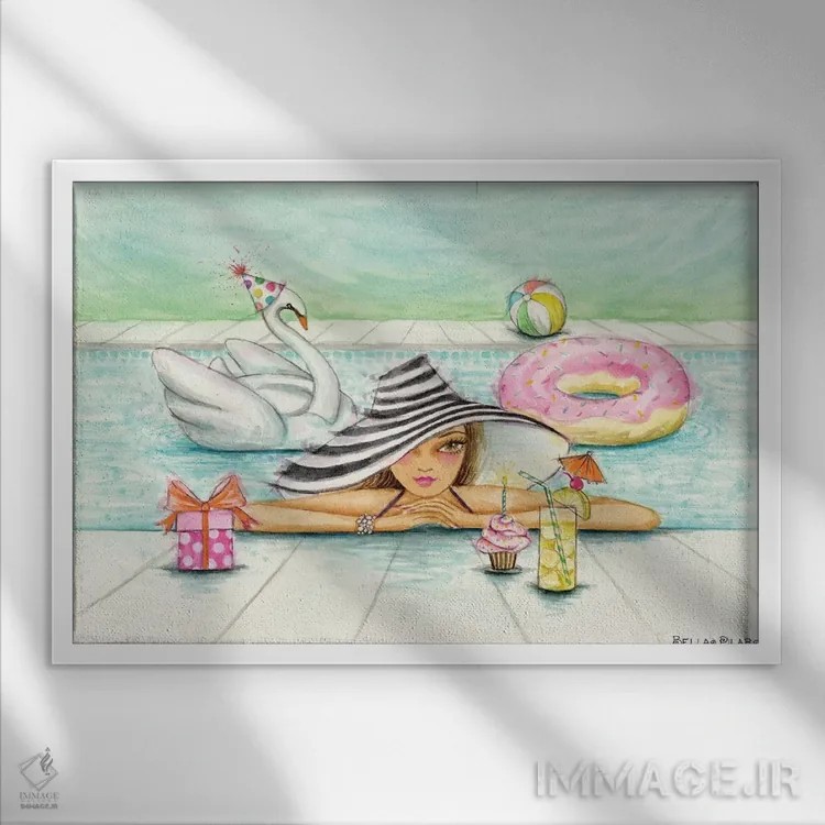 تابلو دلفین در مهمانی استخر اثر بلا پیلار - نمای قابدار سفید