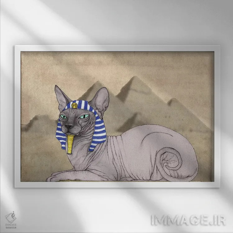 تابلو گربهٔ اسفینکس با اهرام جیزه اثر باروف - نمای قابدار سفید