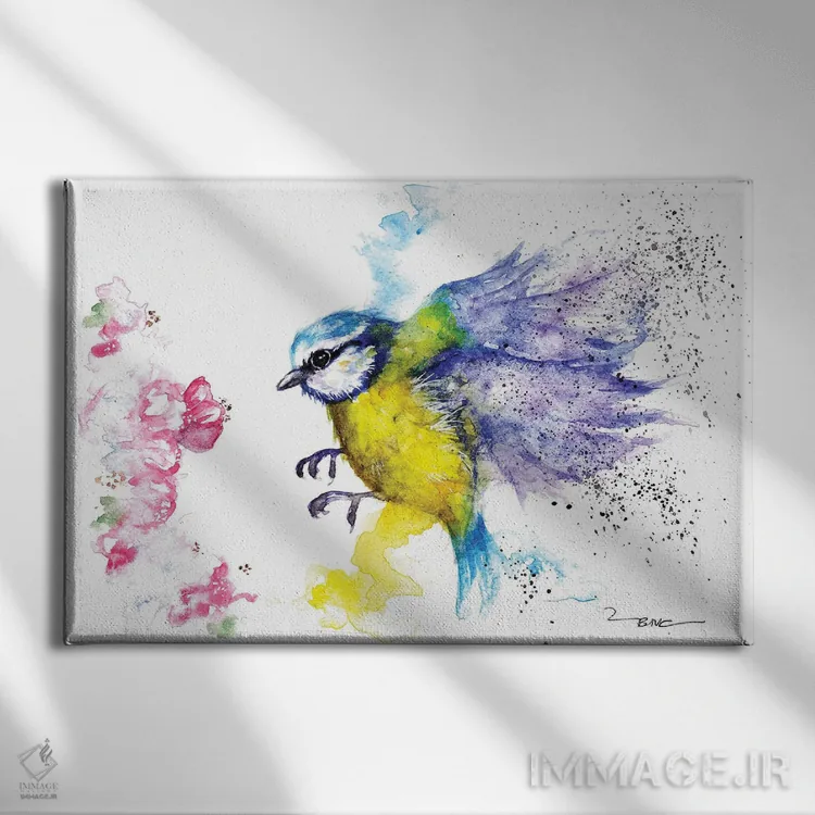 تابلو بلو تیت و شکوفه (پرنده و گل) اثر بیبزآرتس - نمای روبهرو روی دیوار