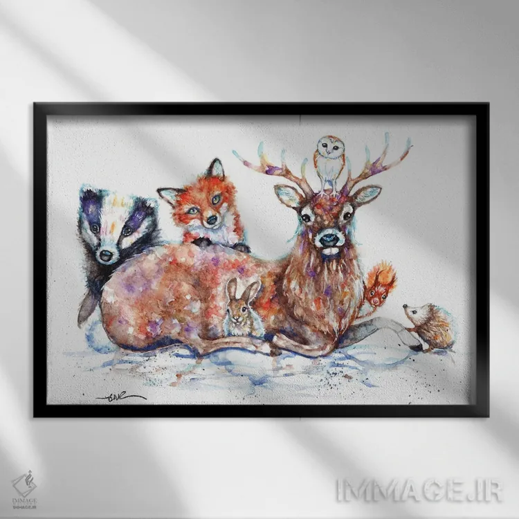 تابلو دوستان جنگلی اثر بیبزآرتس - نمای قابدار مشکی