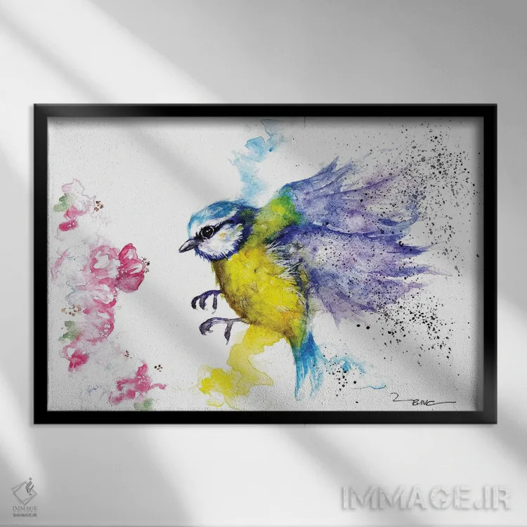 تابلو بلو تیت و شکوفه (پرنده و گل) اثر بیبزآرتس - نمای قابدار مشکی