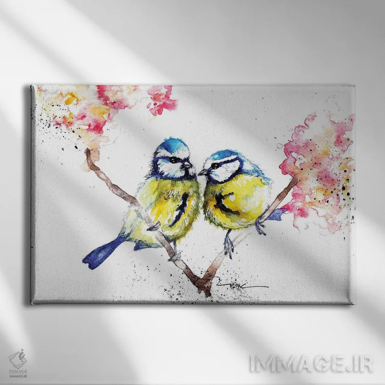 تابلو بلو تیتها و شکوفهها اثر بیبزآرتس - نمای روبهرو روی دیوار