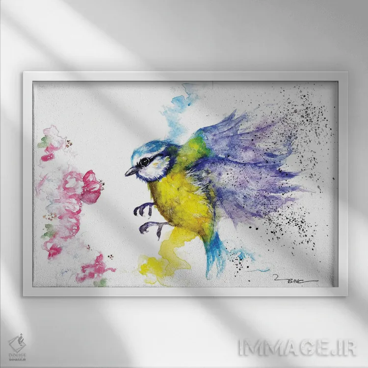 تابلو بلو تیت و شکوفه (پرنده و گل) اثر بیبزآرتس - نمای قابدار سفید