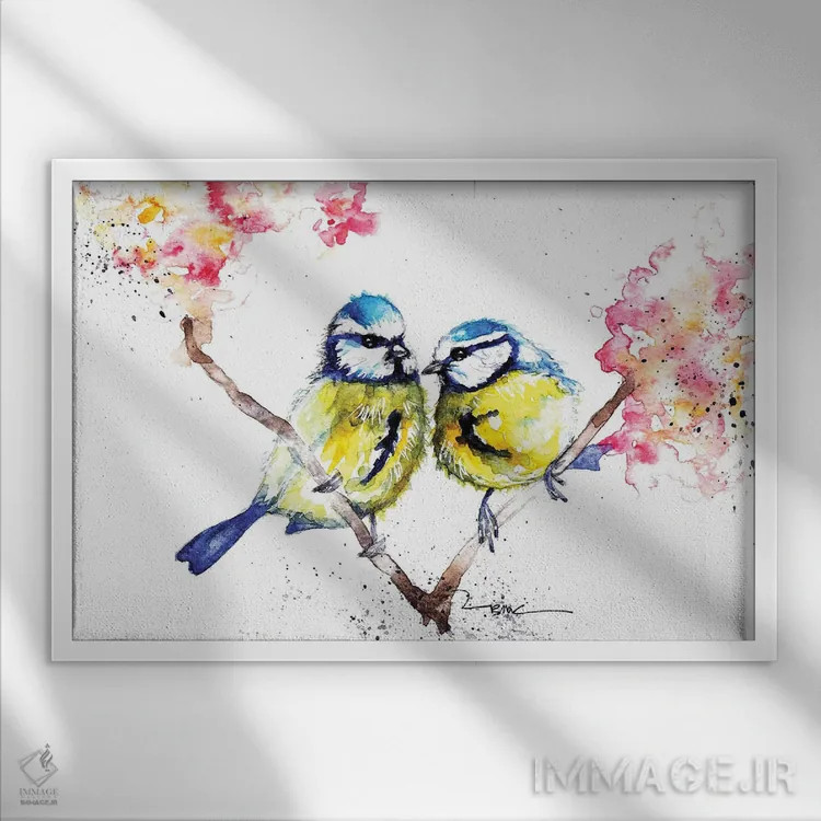 تابلو بلو تیتها و شکوفهها اثر بیبزآرتس - نمای قابدار سفید