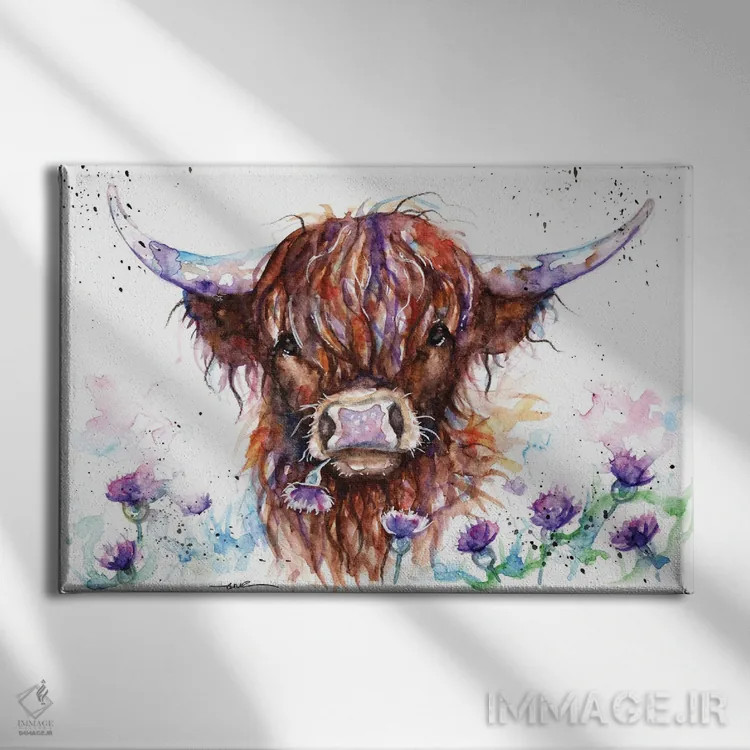 تابلو گاو هایلند میان خارها اثر بیبزآرتس - نمای روبهرو روی دیوار