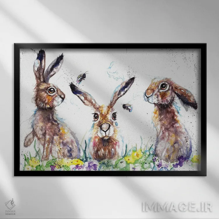 تابلو خرگوشها و زنبورها اثر بیبزآرتس - نمای قابدار مشکی