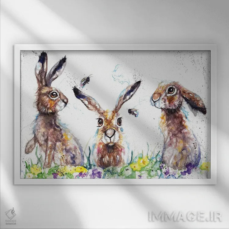 تابلو خرگوشها و زنبورها اثر بیبزآرتس - نمای قابدار سفید