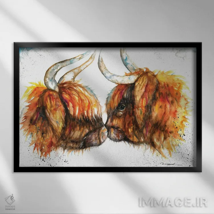 تابلو گاوهای هایلند اثر بیبزآرتس - نمای قابدار مشکی
