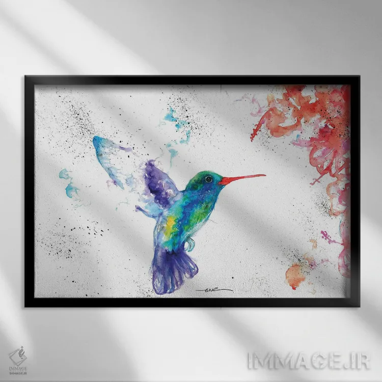 تابلو مرغ مگس و شکوفه ۱ اثر بیبزآرتس - نمای قابدار مشکی