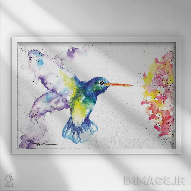 تابلو مرغ مگس و شکوفه ۲ اثر بیبزآرتس - نمای قابدار سفید