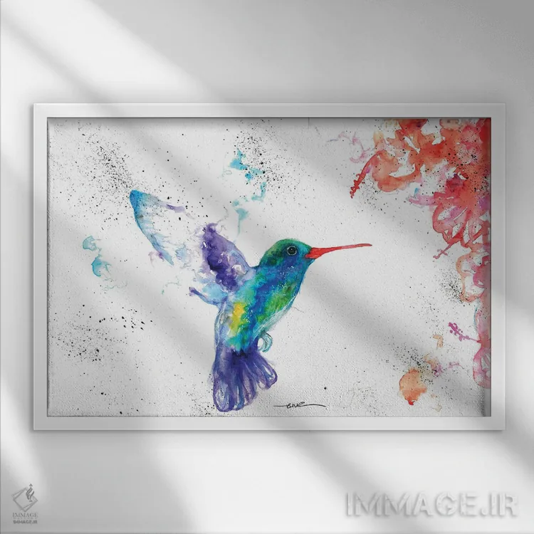 تابلو مرغ مگس و شکوفه ۱ اثر بیبزآرتس - نمای قابدار سفید