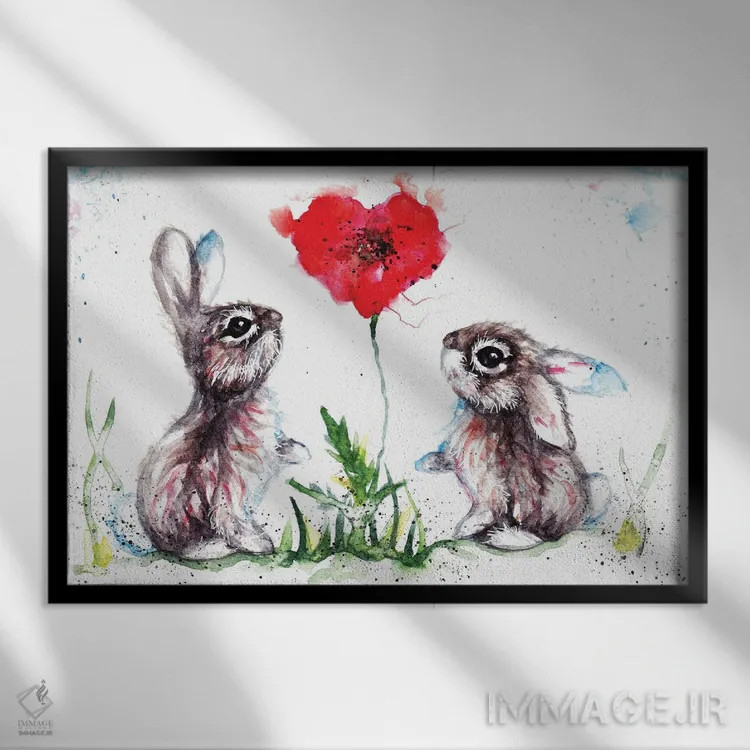 تابلو خرگوشهای عاشق اثر بیبزآرتس - نمای قابدار مشکی