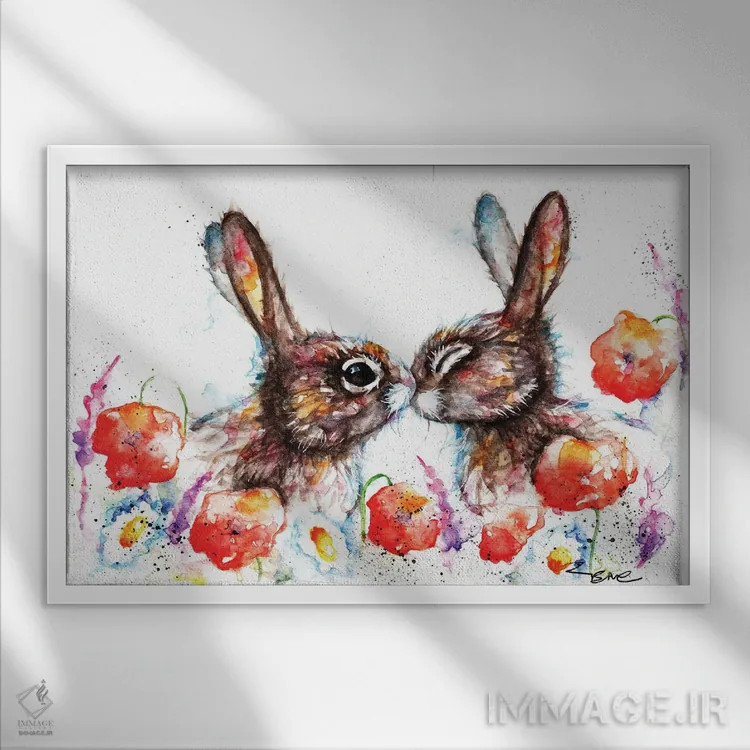 تابلو خرگوشهای چمنی (علفزار) اثر بیبزآرتس - نمای قابدار سفید