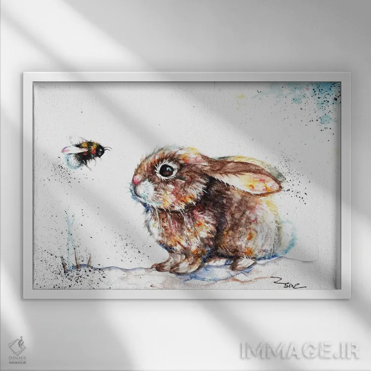 تابلو خرگوش و زنبور ۳ اثر بیبزآرتس - نمای قابدار سفید