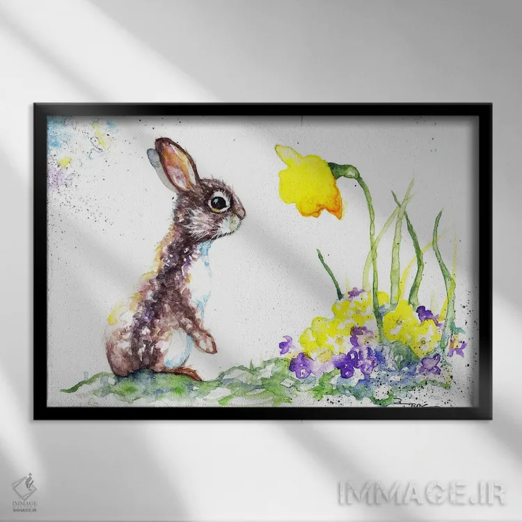 تابلو خرگوش و گلهای بهاری اثر بیبزآرتس - نمای قابدار مشکی