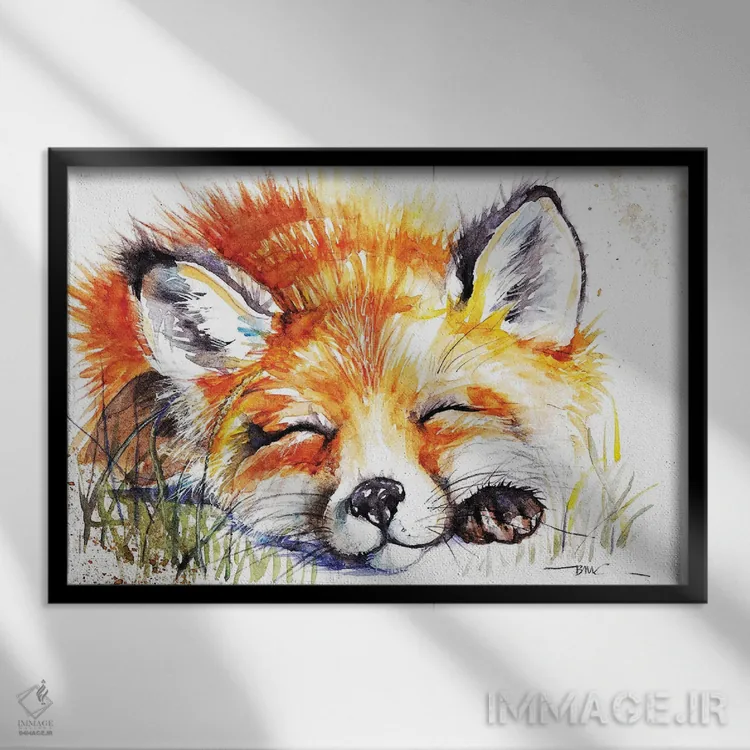 تابلو روباه خوابیده اثر بیبزآرتس - نمای قابدار مشکی